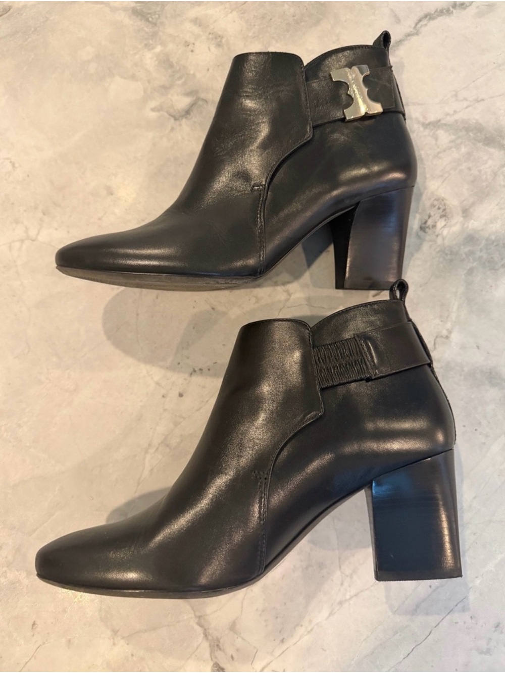 Tory Burch Womens 7 Black Leather Logo Ankle Booties Silver Hardware - Picture 4 of 10